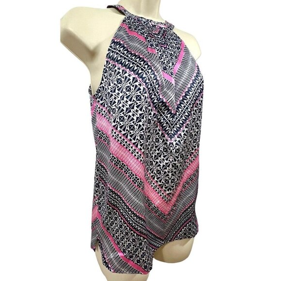 The Limited Mock Neck Tank Blouse Satin Feel Geometric Pink Navy White Size XS - Picture 3 of 12